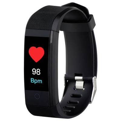 Black fitness wristband with heart rate display, red heart symbol, '98 bpm'.
