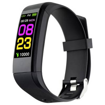 Black smartwatch with a coloured display shows time '08:23', date '08/29 MON' and steps '10000'.