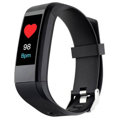 Smartwatch with black strap, displaying a heart rate of 98 bpm on a digital screen with a red heart icon.