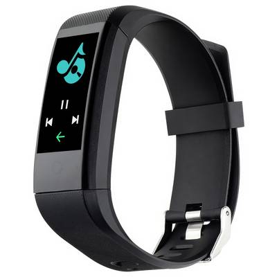 Black fitness band with music player on the display, showing playback symbol and skip forward/back buttons.