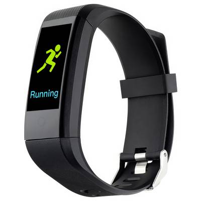 Black fitness wristband with a display showing a green icon of a running person and the word 'Running'.