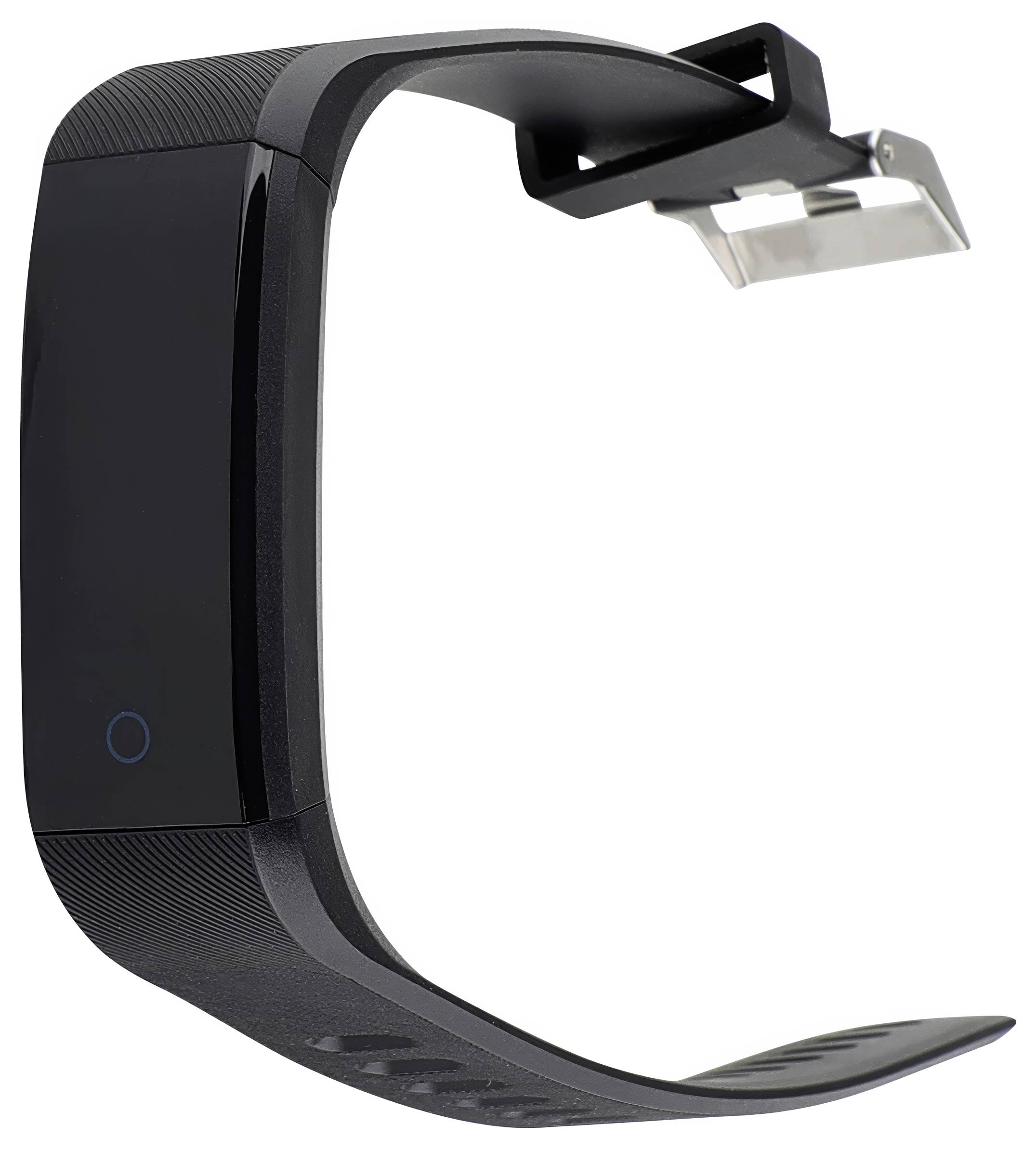 A black smartwatch with a rectangular display and metal clasp, viewed from the side profile.