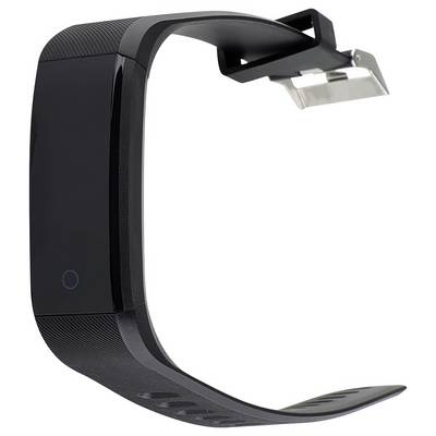 A black smartwatch with a rectangular display and metal clasp, viewed from the side profile.
