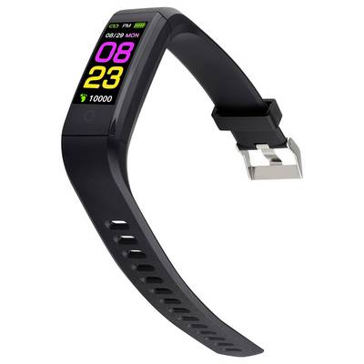 Black smartwatch showing time '08:23', date '08/29 MON', step count '10,000', with colourful numbers and strap.