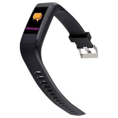 A black smartwatch with a rectangular display shows a yellow speech bubble and the word 'Message' in pink.