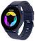 Smartwatch with a blue wristband, circular display, showing colourful activity symbols.