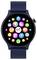 Smartwatch with a round display, showing apps such as Clock, Health, and Fitness. Dark blue strap. Main menu view.