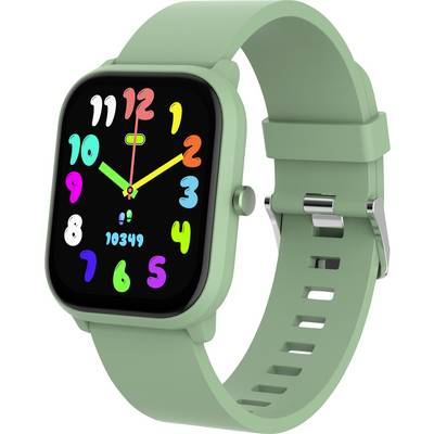 A green smartwatch with colourful numbers on the dial displays a playful time.
