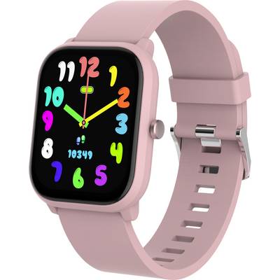 Pink smartwatch with a colourful dial and numerical markings, showing the time as 10:10. Silicone strap.