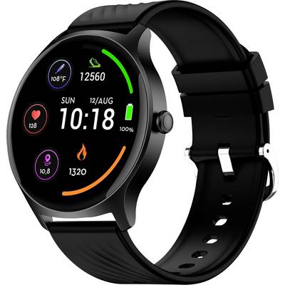 A black smartwatch displays the date, time, and fitness data: steps, heart rate, calorie burn, and battery level on the screen.