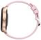A rose gold smartwatch with a pink strap, shown from the side.
