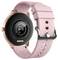 A smartwatch with a pink strap and gold-coloured case, displaying sensors on the back for heart rate monitoring and fitness tracking.