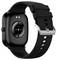 Black smartwatch with a square case and silicone strap, rear view showing heart rate sensor and charging contacts.