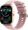 A pink smartwatch displays the date and time. The display shows steps, heart rate, and calories burned.