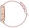 A smartwatch with a rose-coloured metal casing and matching strap, side view.