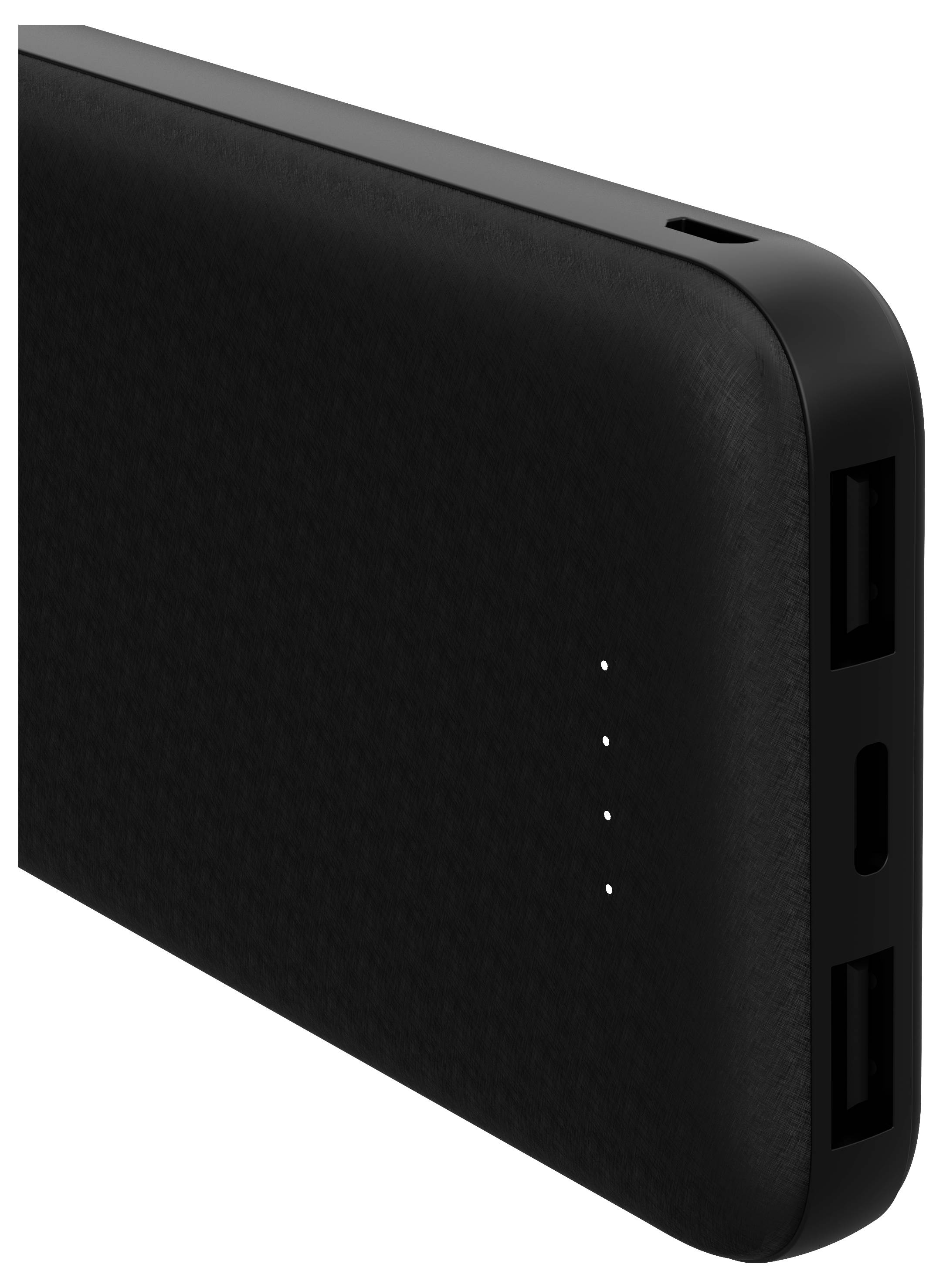 A black power bank with rounded edges and two USB ports, suitable for charging mobile devices.
