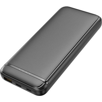 Portable black power bank with rounded corners, a textured surface, and multiple ports on the underside.