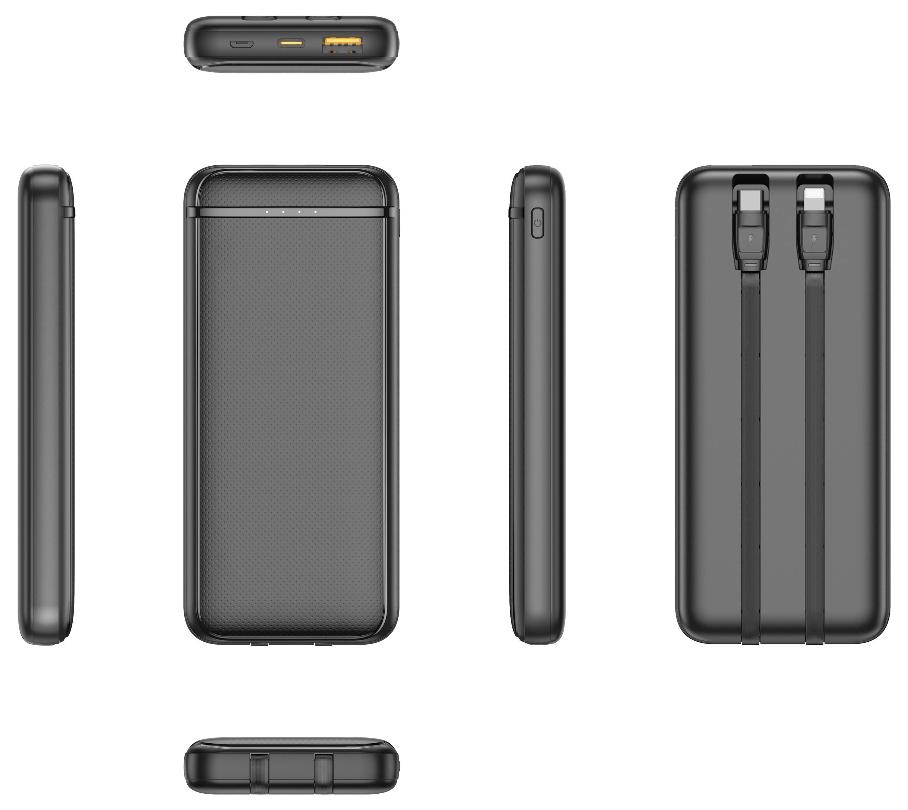 Several views of a black portable power bank with two USB ports and integrated cables.