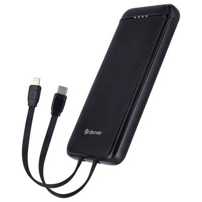 Black power bank by Denver with two integrated cables, one with a Lightning connector and one with a USB-C connector. LEDs on top for charging indication.