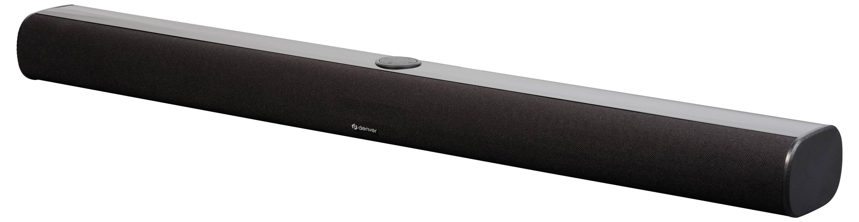Black soundbar with rounded edges and a central control button on the top surface.