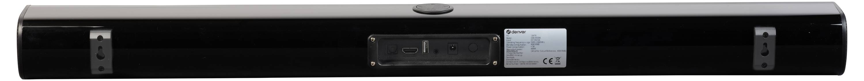 Black, cylindrical soundbar rear with wall-mounting elements and manufacturer's logo.