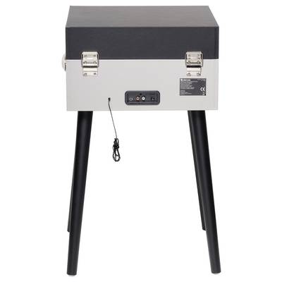 A portable, high-legged speaker with retro design, black top panel and grey housing, showing connections and power switch.