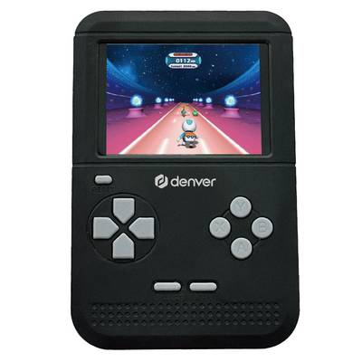 A portable gaming device with an image of a digital game on the screen. The game displays a futuristic racing track.
