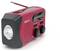 A portable, red radio with a hand crank, solar cell, and built-in torch. It has rotary knobs for volume and frequency.