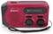 Red portable radio with speakers, two large rotary knobs for volume and station selection, and a carrying strap.