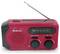 A red portable radio with telescopic antenna. It features FM/AM bands, volume control and a station tuning dial. Brand name displayed on the front.