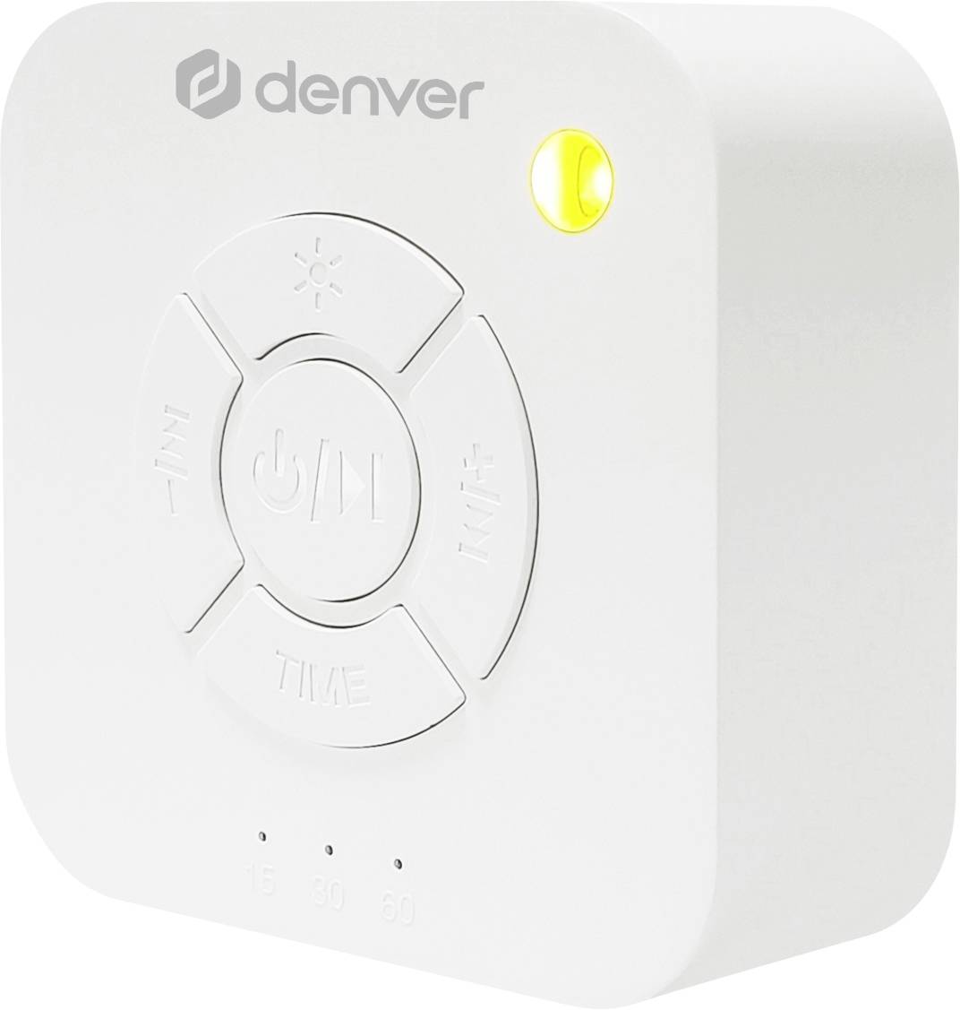 White digital timer in a square design with multiple buttons for time and light settings, yellow illuminated LED display.