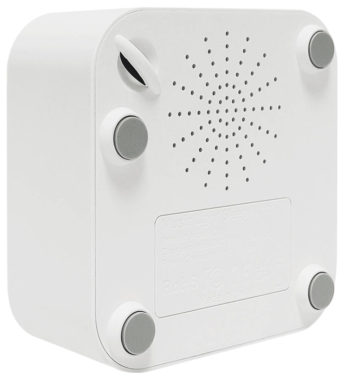 White square speaker box with ventilation slots and non-slip feet on the underside.