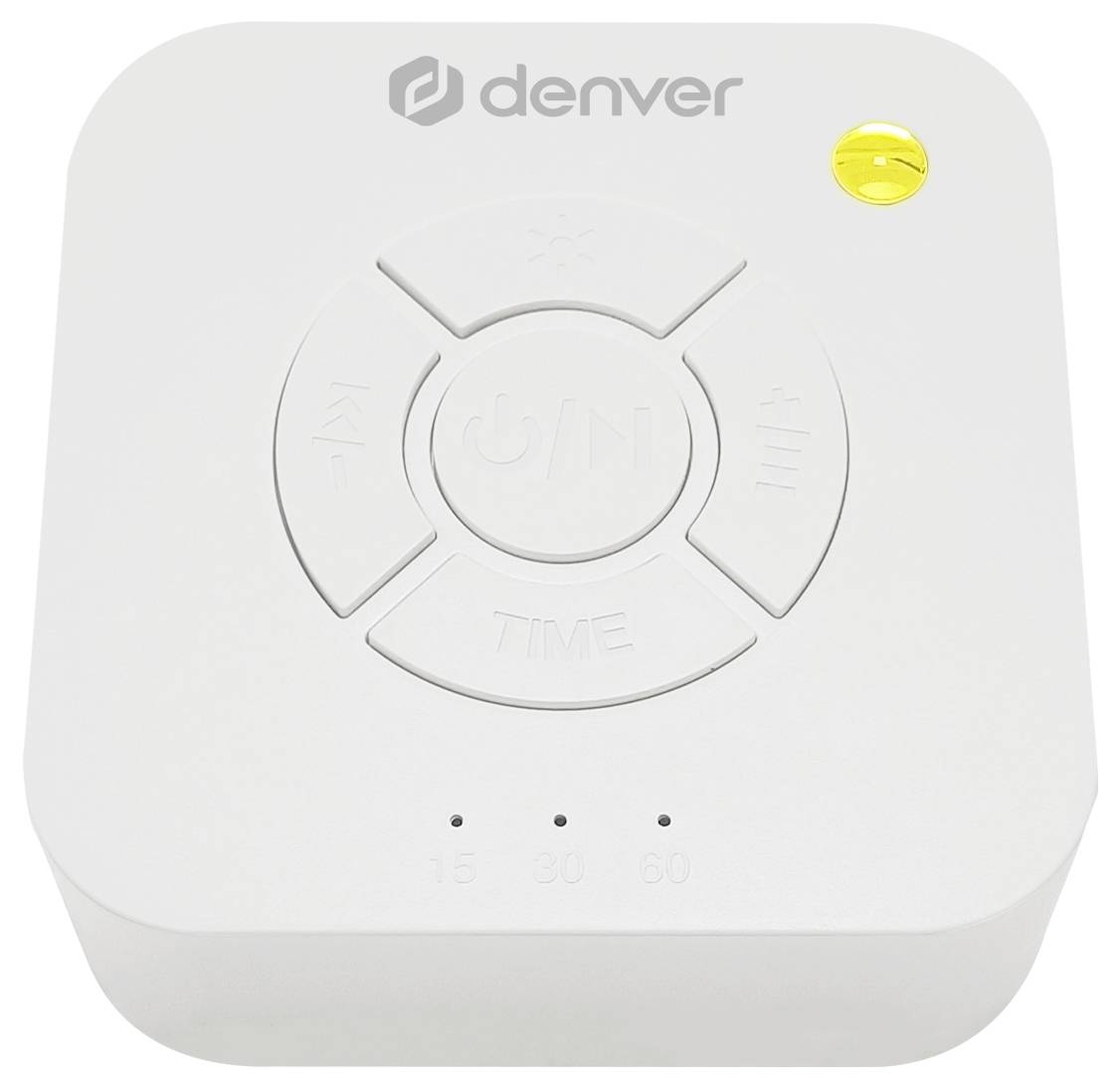White projector with Denver logo, central power button, timer settings (15, 30, 60 minutes) and light effect indicator in the top right corner.