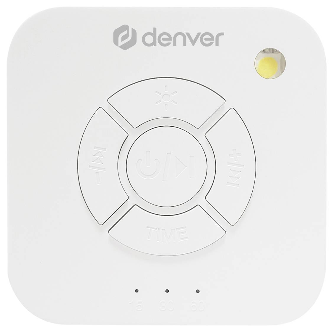 White remote control with multiple buttons: On-Off, Time, Brightness control. The 'denver' logo is positioned above. A yellow LED is illuminated.
