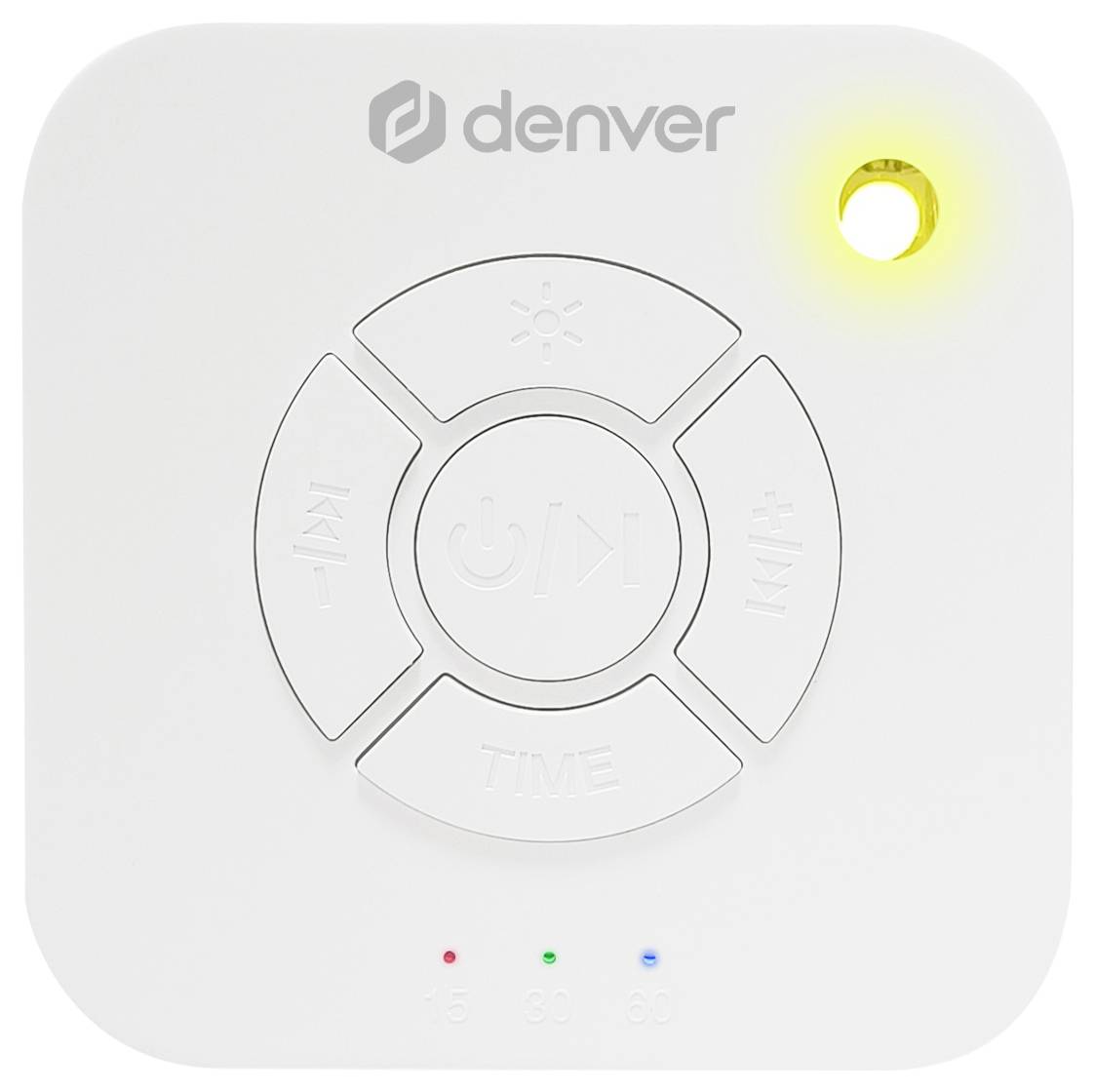 A digital timer by the brand 'Denver' at the top. Shows buttons for light, start/stop, timer, and volume with a yellow LED light.
