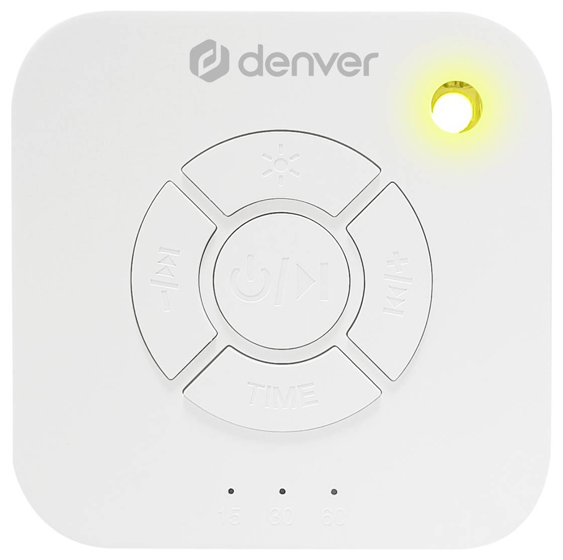 White, square LED night light with yellow light and buttons for 'On/Off', 'Time', 'Brightness' and 'Motion'. At the top is the logo 'denver'.