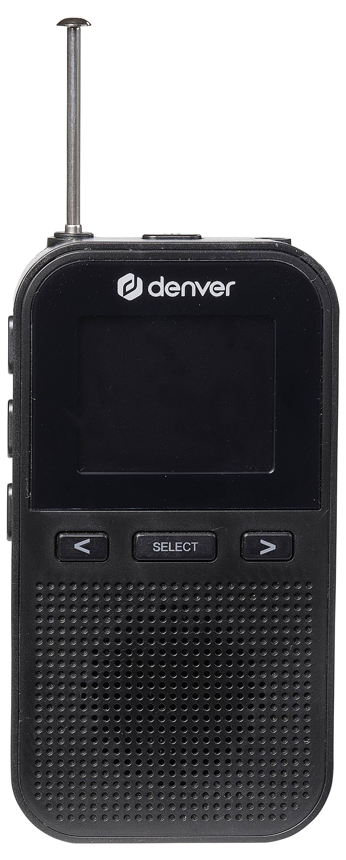 Portable black radio with aerial, display, and control buttons.