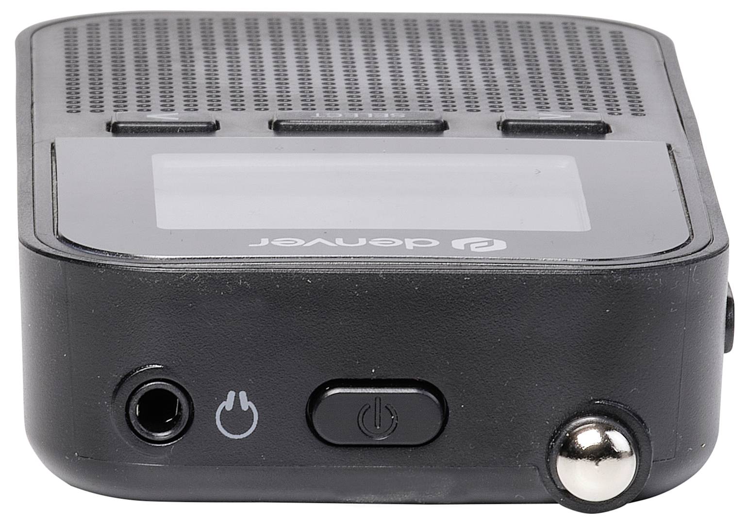 Black portable audio device with a front display and multiple buttons on top. A headphone socket is located on the left, with a metal button on the right.