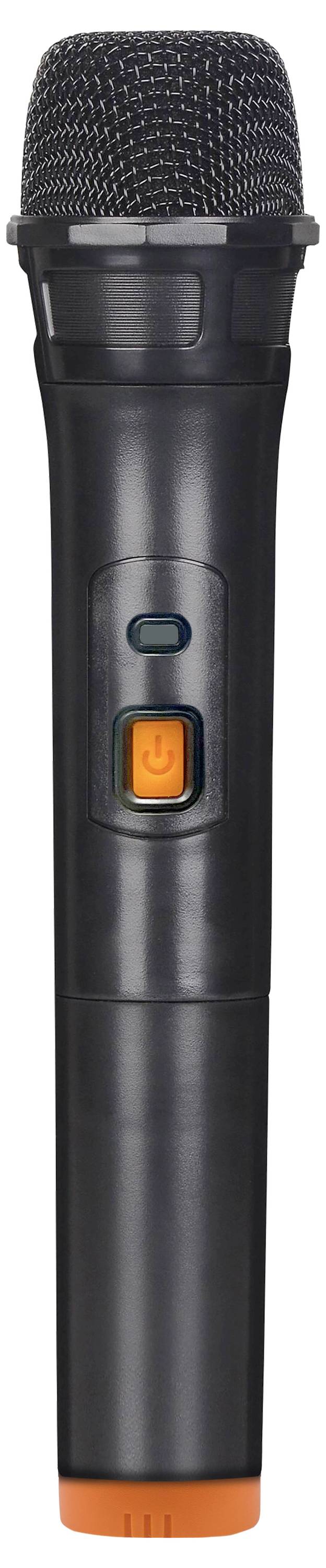 Black, wireless microphone with an orange switch in the centre; suitable for stage performances or presentations.