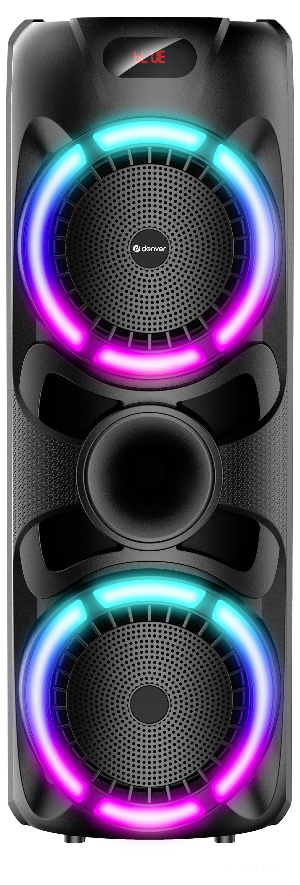 Party speakers with two large, illuminated speakers in neon colours, suitable for events and celebrations.