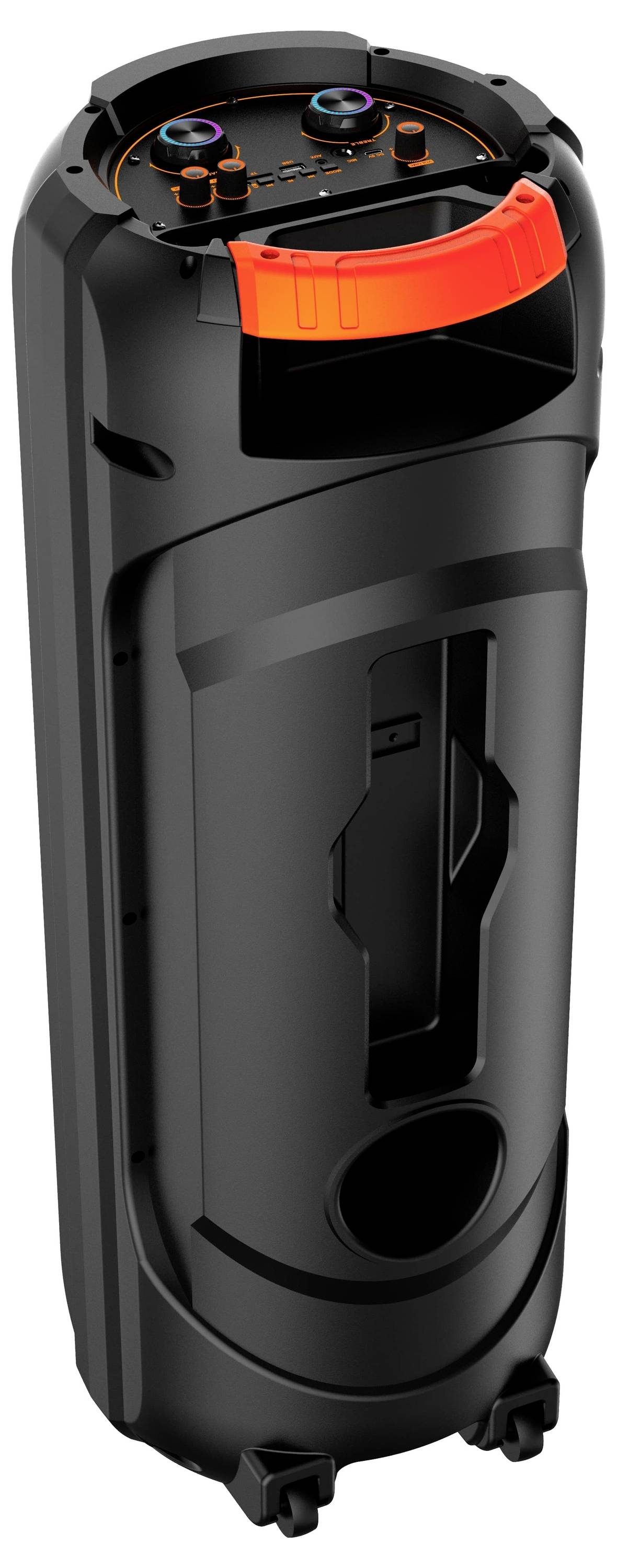 A black, cone-shaped device with two lenses on top and a non-slip grip, possibly a portable projector.