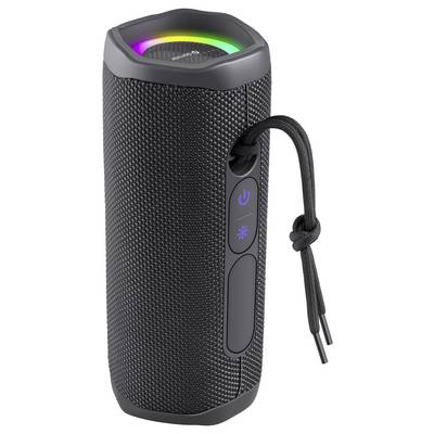 Black portable speaker with textile covering and carry loop. A luminous ring in rainbow colours adorns the top.
