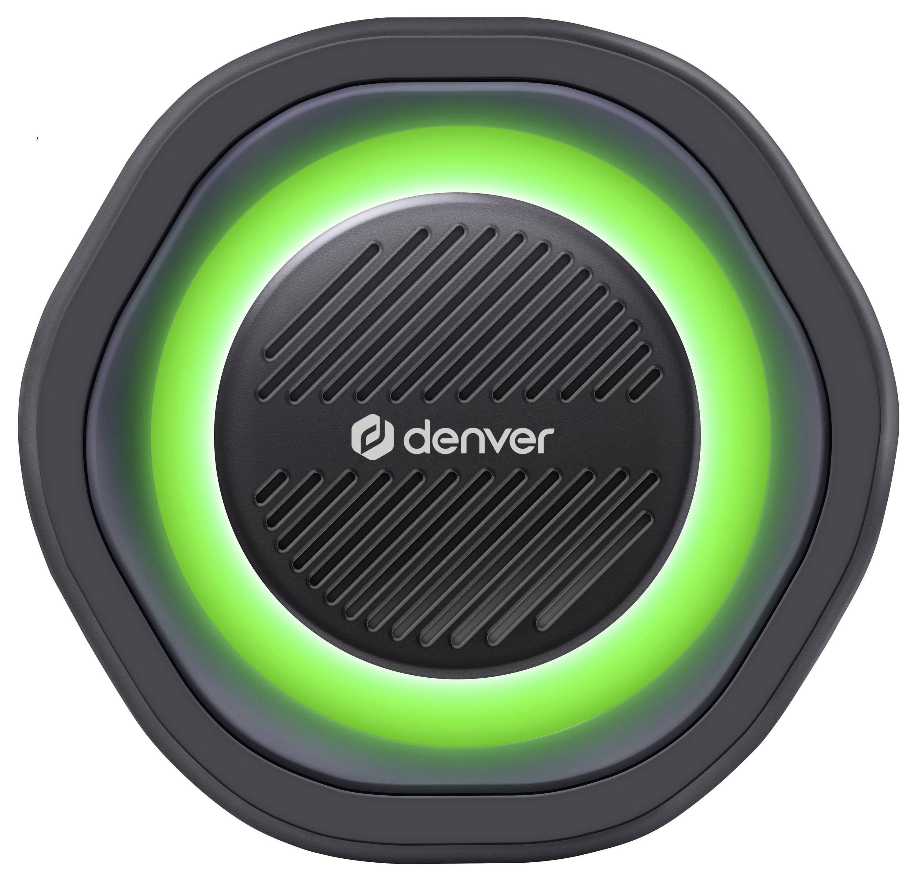 A black, round device with a green illuminated ring and the text 'denver' in the centre.