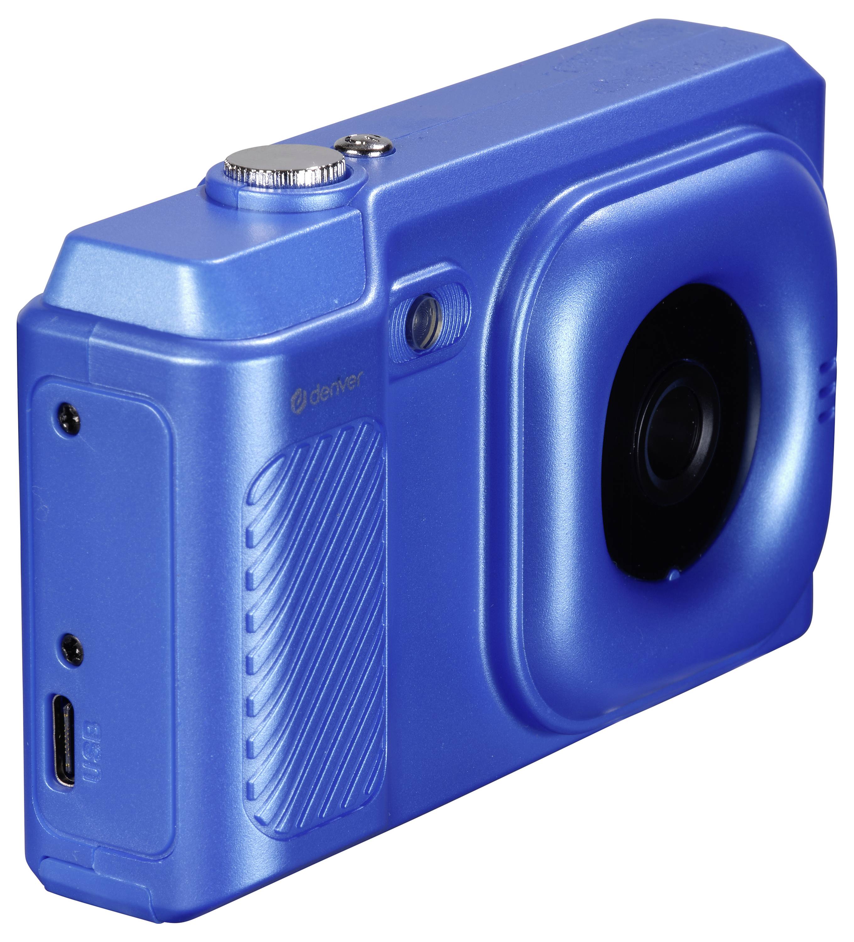 Blue compact camera with USB port and textured surface on the left side.
