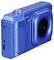 Blue compact camera with USB port and textured surface on the left side.