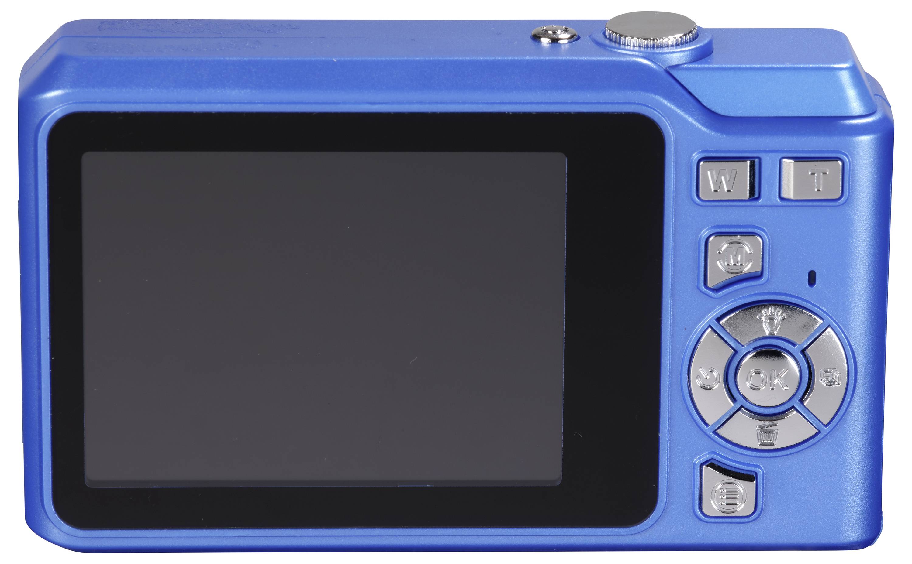 Rear view of a blue digital camera with a screen and control buttons on the right side.