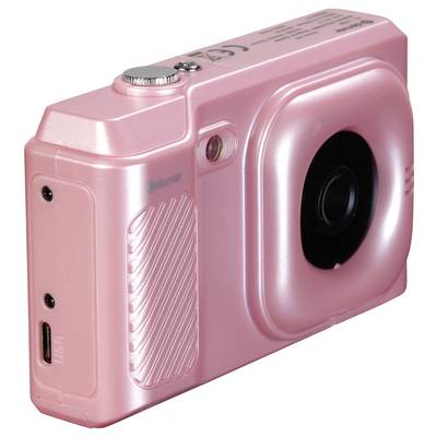 Pink digital camera with a smooth surface and large lens, side view.