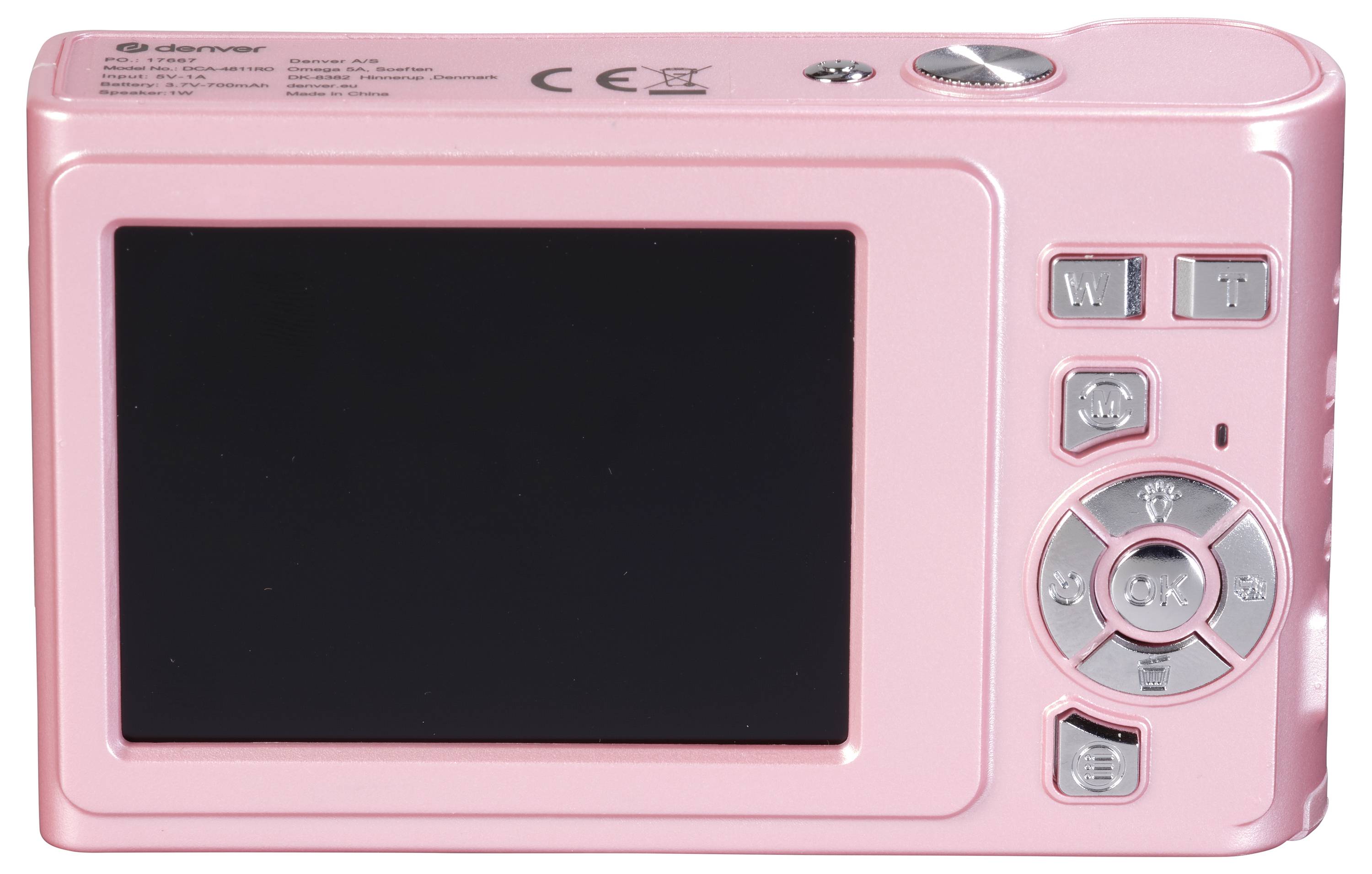 Pink digital camera with large display and control buttons on the right.