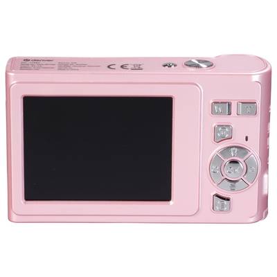 Pink digital camera with large display and control buttons on the right.