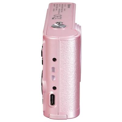 A compact, pink camera photographed from the side, showing controls and ports.